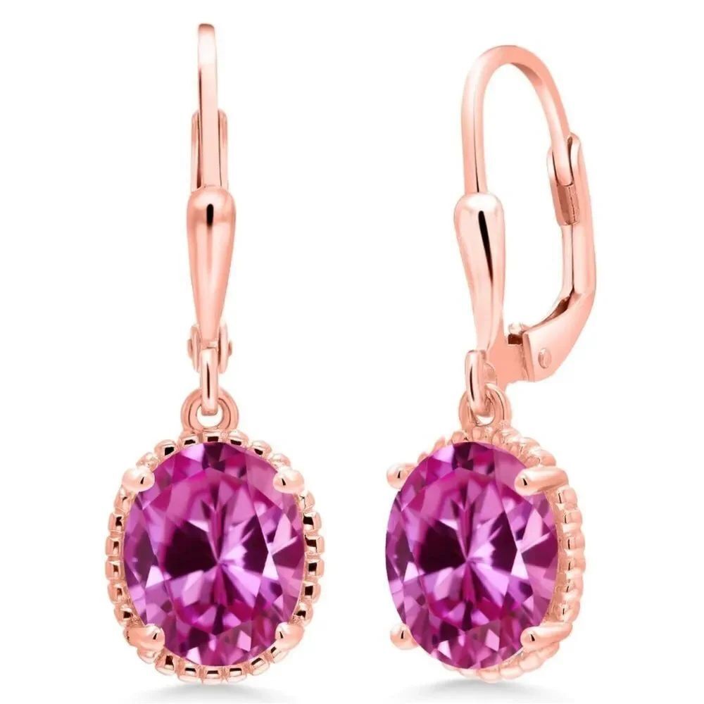 18K Rose Gold 925 with 2.00 Cttw Pink Sapphire Oval Leverback Hook Earrings